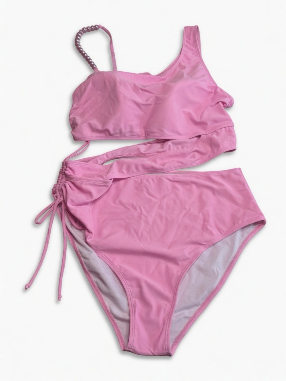 Grace + Emma Pink One-Shoulder Faux Pearl Brad Strap High-Waisted Swimsuit 2XL